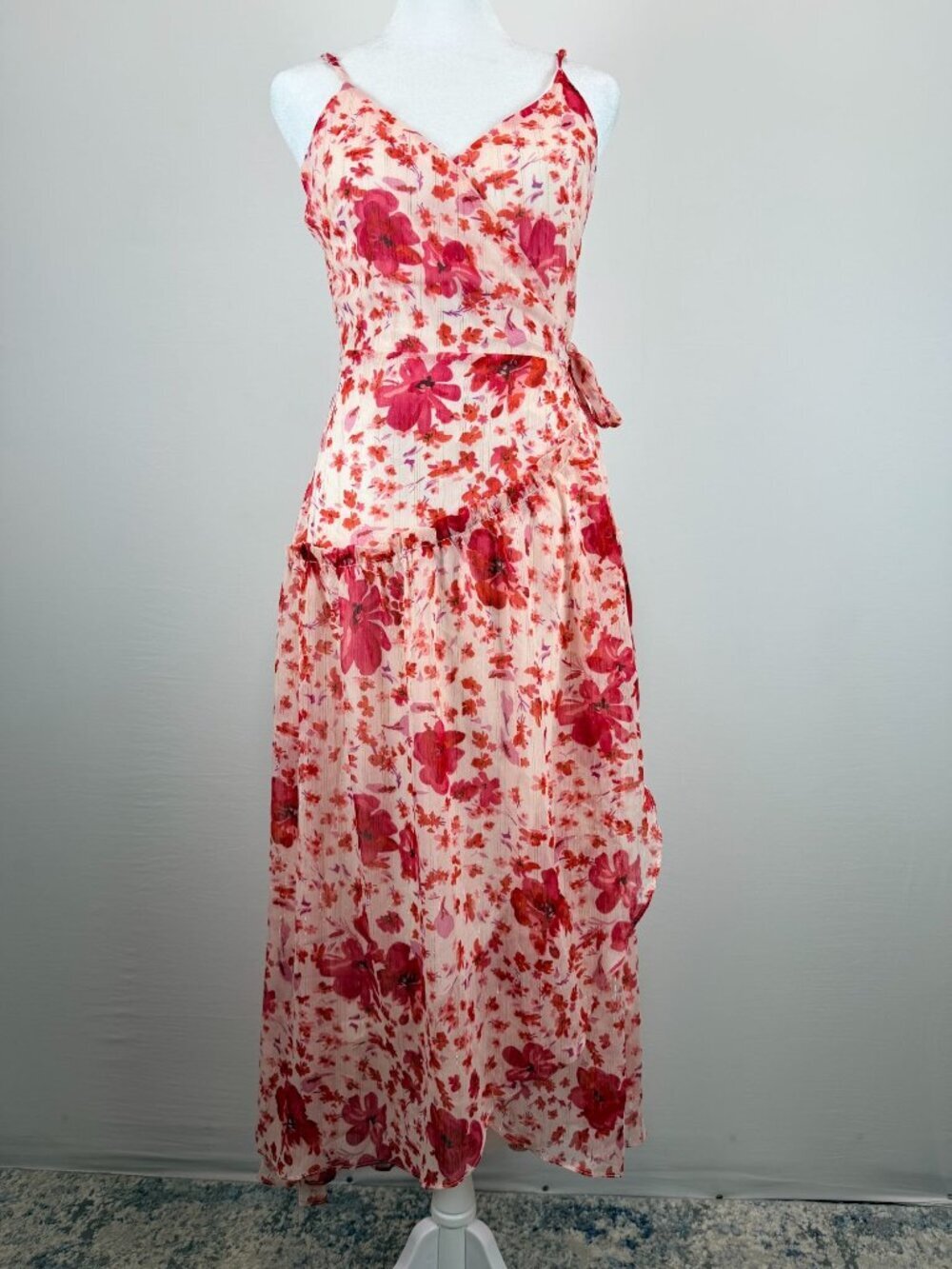 Lulus Womens Size S Pink Floral Wrap Midi Dress Ruffle Sleeveless NWT - Picture 2 of 16